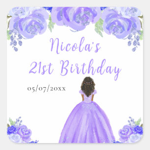 Dark Skin Princess Purple Floral Birthday Party Square Sticker