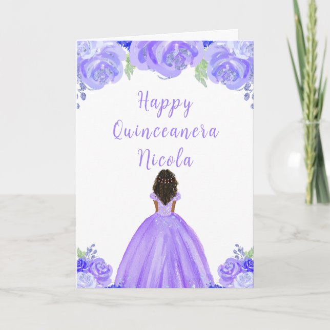 Dark Skin Princess Purple Floral Quinceanera Card (Front)