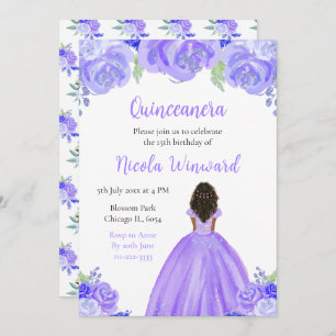 Dark Skin Princess Purple Floral Quinceanera Invitation