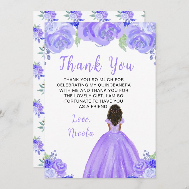 Dark Skin Princess Purple Floral Quinceanera Thank You Card (Front/Back)