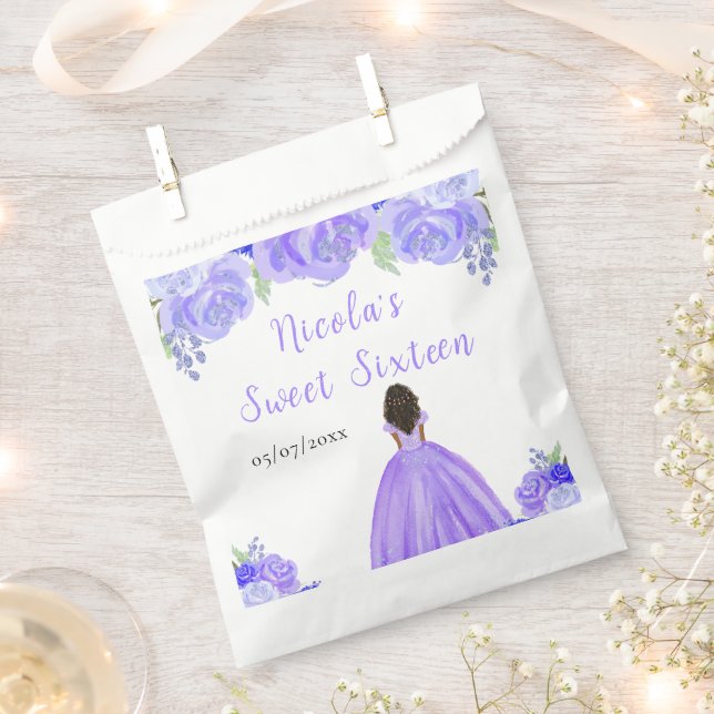 Dark Skin Princess Purple Floral Sweet Sixteen Favour Bag (Clipped)