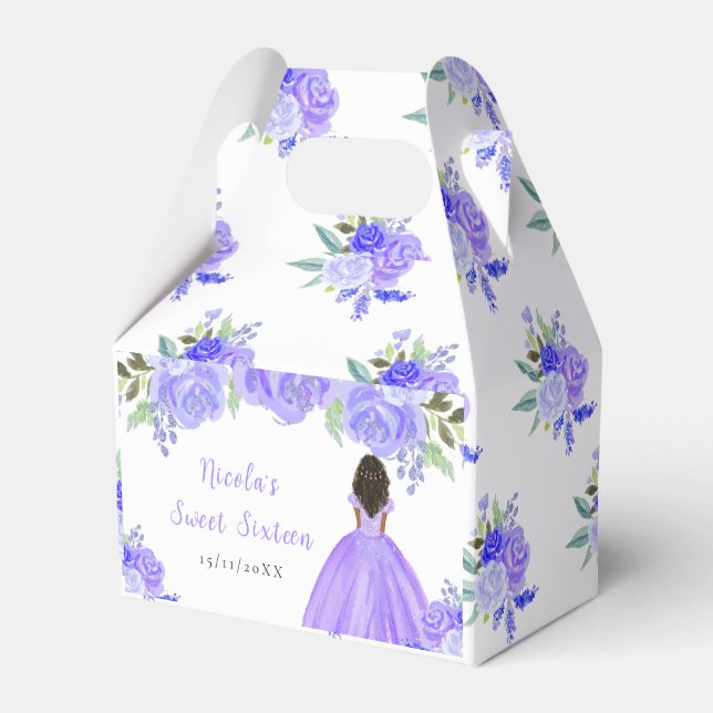 Dark Skin Princess Purple Floral Sweet Sixteen Favour Box (Front Side)