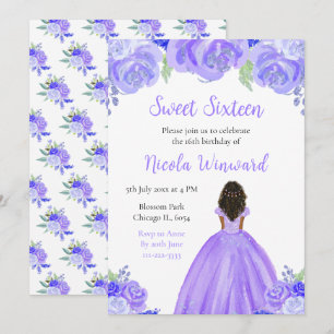 Dark Skin Princess Purple Floral Sweet Sixteen Invitation
