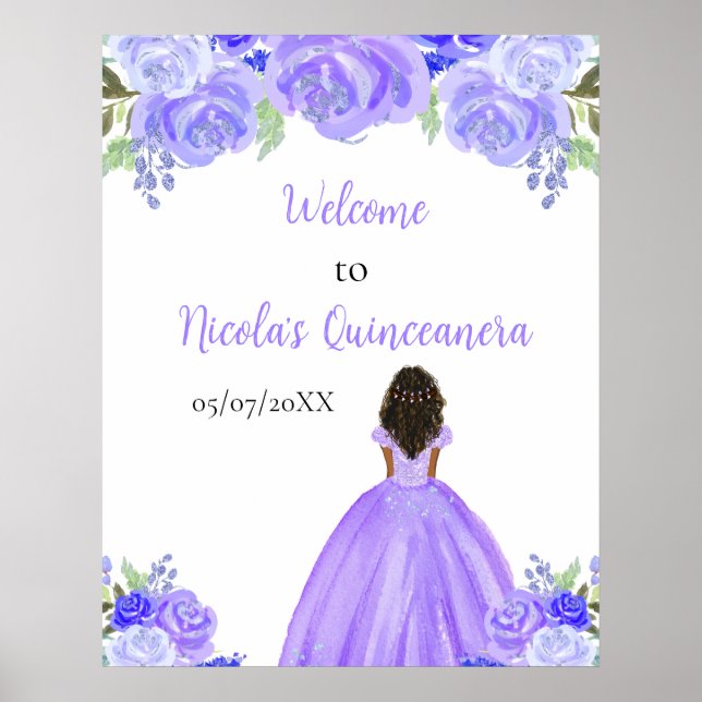 Dark Skin Princess Purple Quinceanera Welcome Poster (Front)