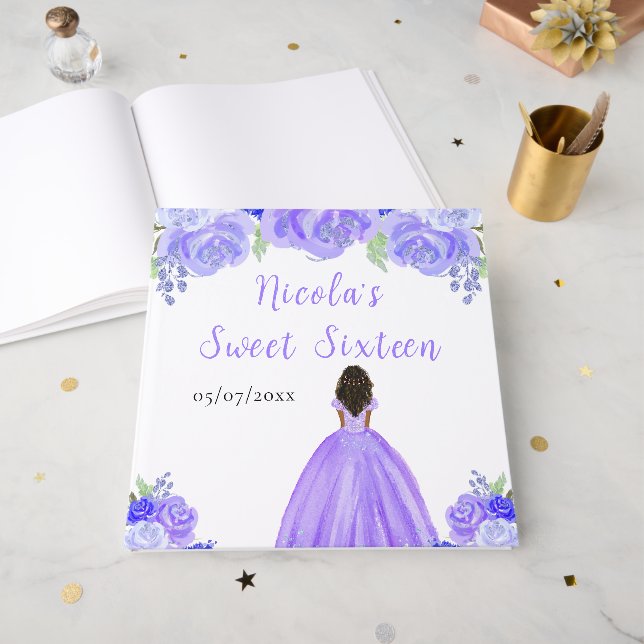 Dark Skin Princess Purple Sweet Sixteen Guest Book (Front Open)