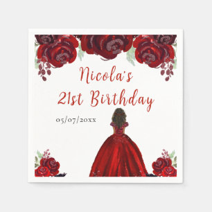 Dark Skin Princess Red Floral Birthday Napkin