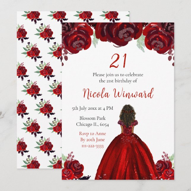 Dark Skin Princess Red Floral Birthday Party Invitation (Front/Back)