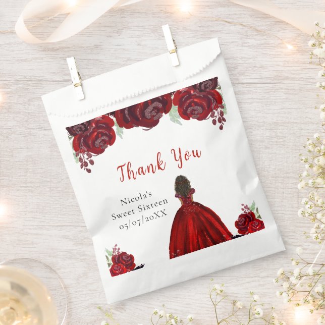 Dark Skin Princess Red Floral Sweet Sixteen Favour Bag (Clipped)