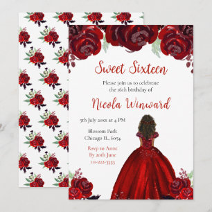 Dark Skin Princess Red Floral Sweet Sixteen Invitation