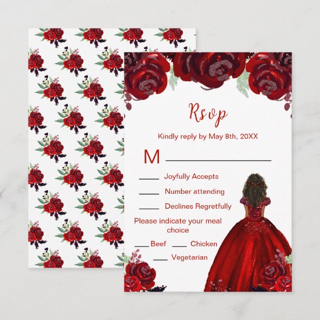 Dark Skin Princess Red Floral Sweet Sixteen RSVP Card (Front/Back)