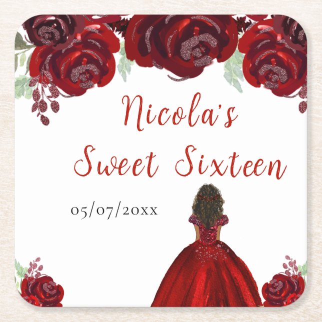 Dark Skin Princess Red Floral Sweet Sixteen Square Paper Coaster (Front)