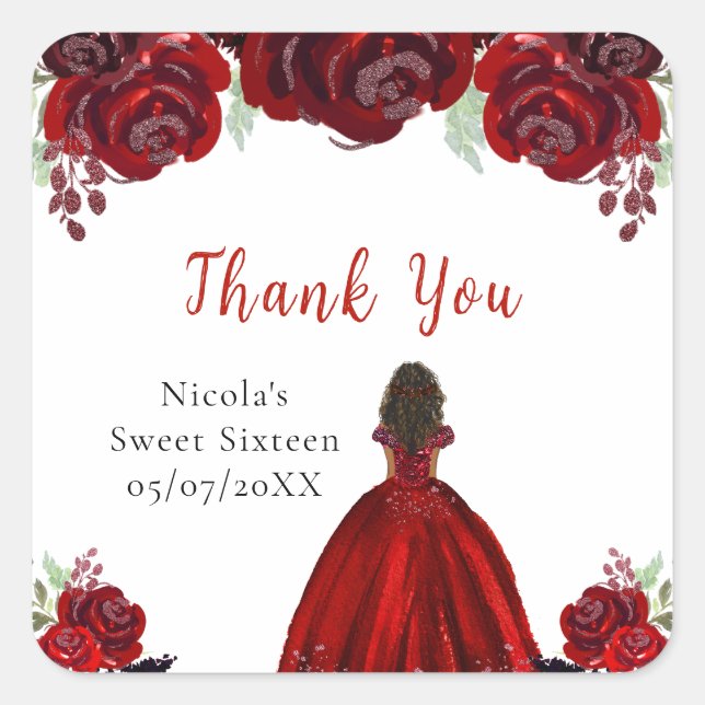 Dark Skin Princess Red Floral Sweet Sixteen Square Sticker (Front)