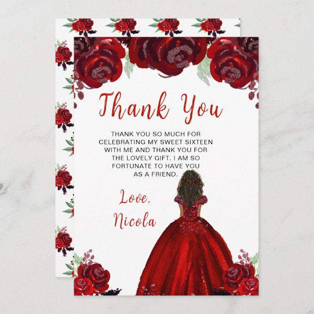 Dark Skin Princess Red Floral Sweet Sixteen Thank You Card (Front/Back)
