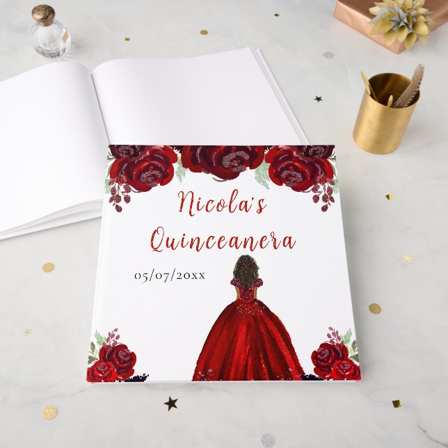 Dark Skin Princess Red Quinceanera Guest Book (Front Open)