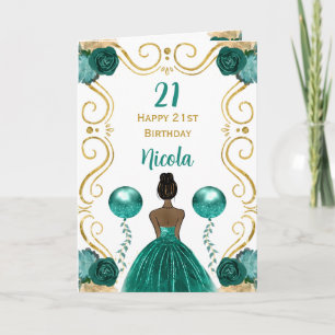 Dark Skin Princess Teal Happy Birthday Card