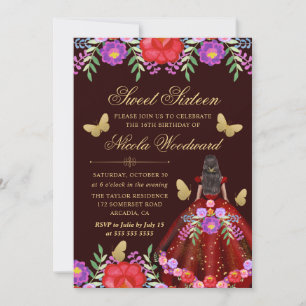 Dark Skin Woman in Mexican Floral Dress Sweet 16 Invitation
