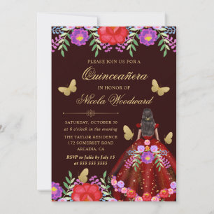 Dark Skin Woman Mexican Floral Dress Quinceañera Invitation