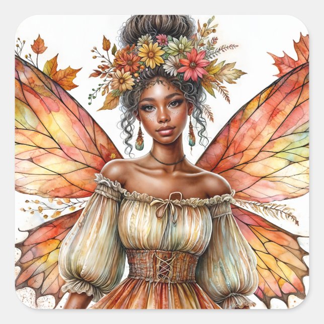 Dark-Skinned Fairy Autumn Aesthetic Watercolor Square Sticker (Front)