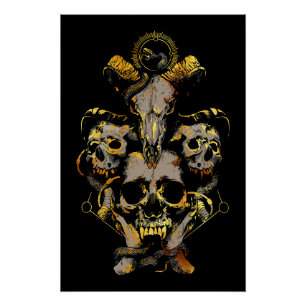 Dark Skull Art with Snake and Ram Elements Poster