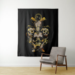 Dark Skull Art with Snake and Ram Elements Tapestry