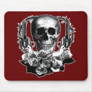 Dark- Skull Guns and Roses Black and White Mouse Pad