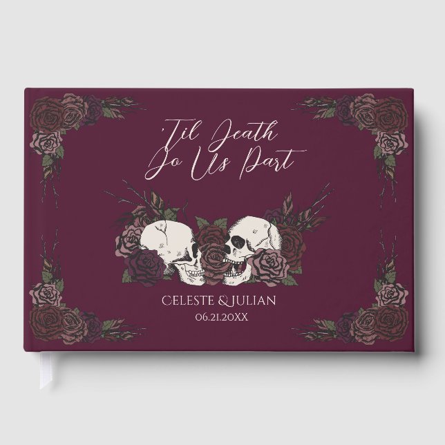 Dark Skulls & Roses Burgundy Til Death Guest Book (Front)