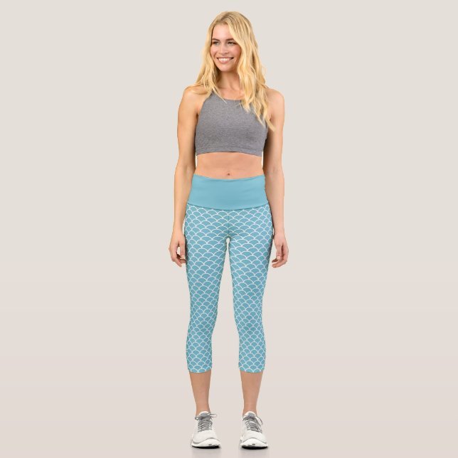 Dark Sky Blue Mermaid Fish Scale  Capri Leggings (Front)