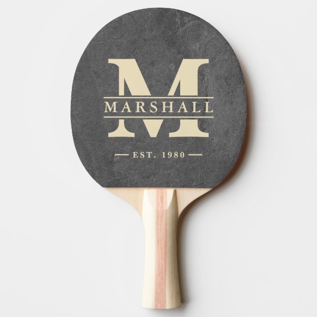 Dark Slate Stone Monogram & Name Overlay Ping Pong Paddle (Back)