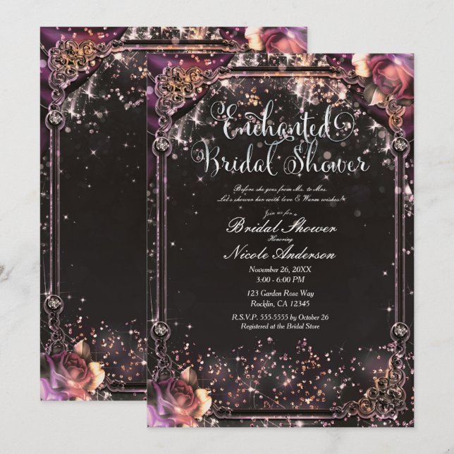 Dark Sparkle Glitter Glam Light Bridal Shower Invitation (Front/Back)