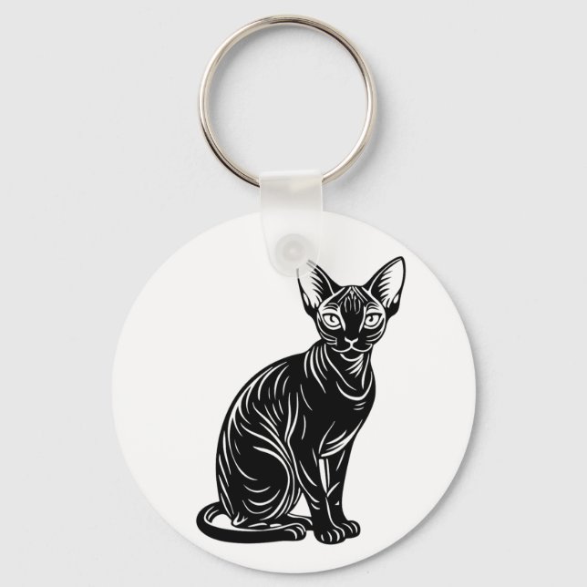 Dark Sphynx Cat Art – Mysterious Minimal Design Key Ring (Front)
