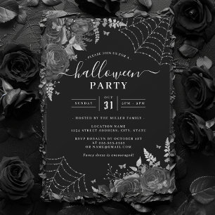 Dark Spooky Floral Cobwebs Halloween Party Invitation