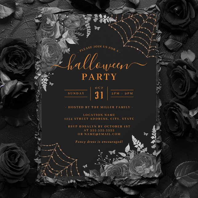 Dark Spooky Floral Cobwebs Orange Halloween Party  Invitation (Creator Uploaded)