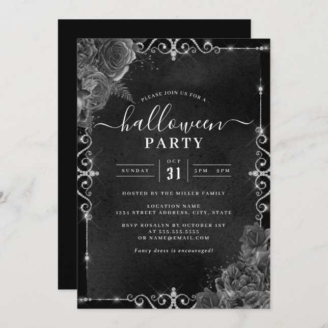 Dark Spooky Floral Jewel Halloween Party  Invitation (Front/Back)
