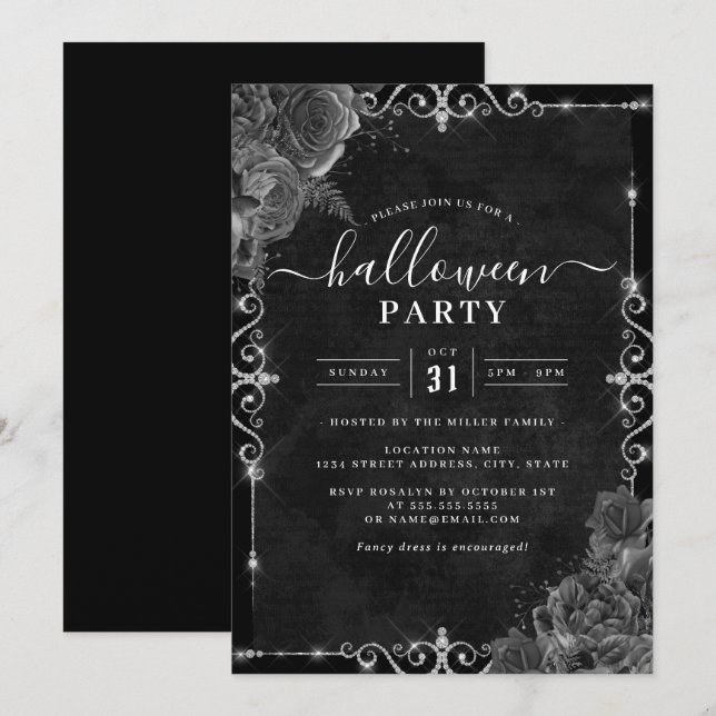 Dark Spooky Floral Rose Halloween Party  Invitation (Front/Back)