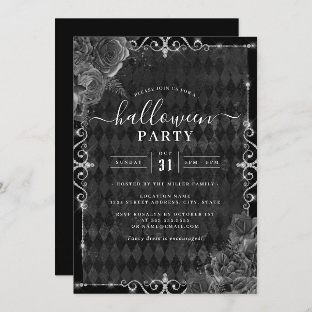 Dark Spooky Floral Rose Jewel Halloween Party  Invitation (Front/Back)