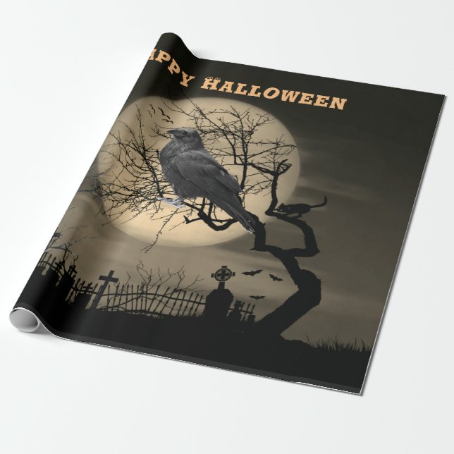 Dark Spooky Halloween with Raven  Wrapping Paper (Unrolled)