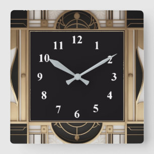 Dark Square Art Deco Clock in Black White and Gold