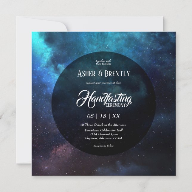 Dark Starry Blue Nebula Modern Handfasting Invitation (Front)