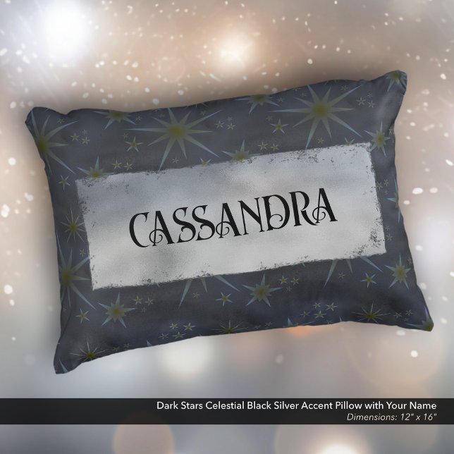 Dark Stars Celestial Black Silver Name Decorative Cushion (Dark Stars Celestial Black and Silver Accent Pillow Personalized with Your Name.)