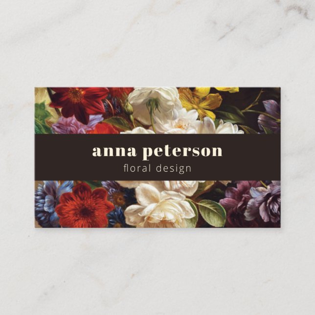 Dark Stylish Elegant Chic Lush Floral Florist Business Card (Front)