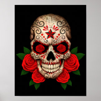 Dark Sugar Skull with Red Roses Poster
