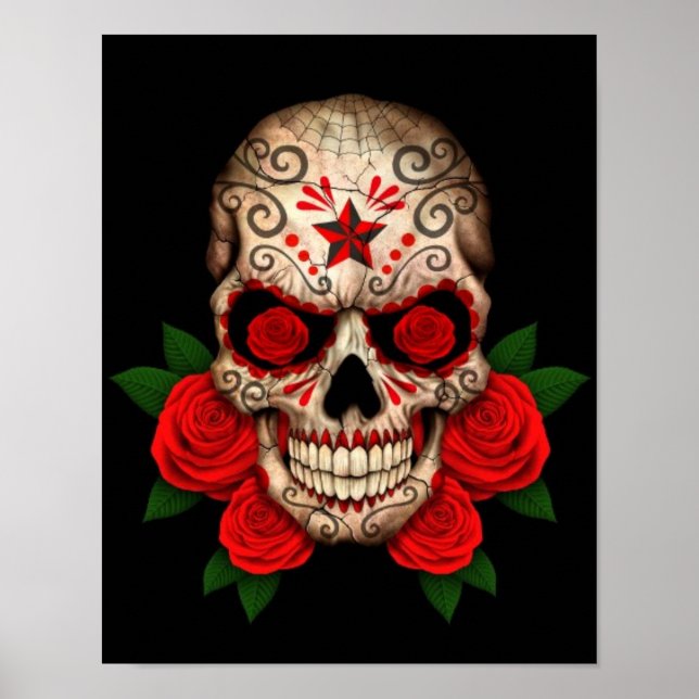 Dark Sugar Skull with Red Roses Poster (Front)