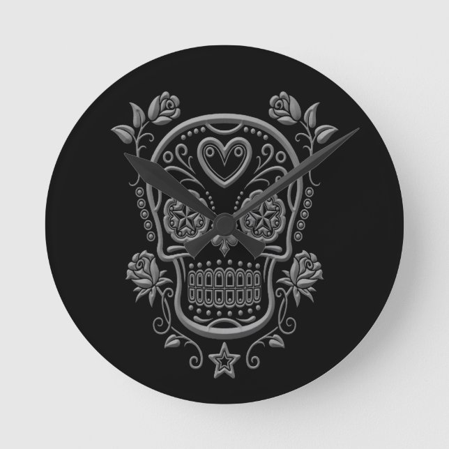 Dark Sugar Skull with Roses on Black Round Clock (Front)