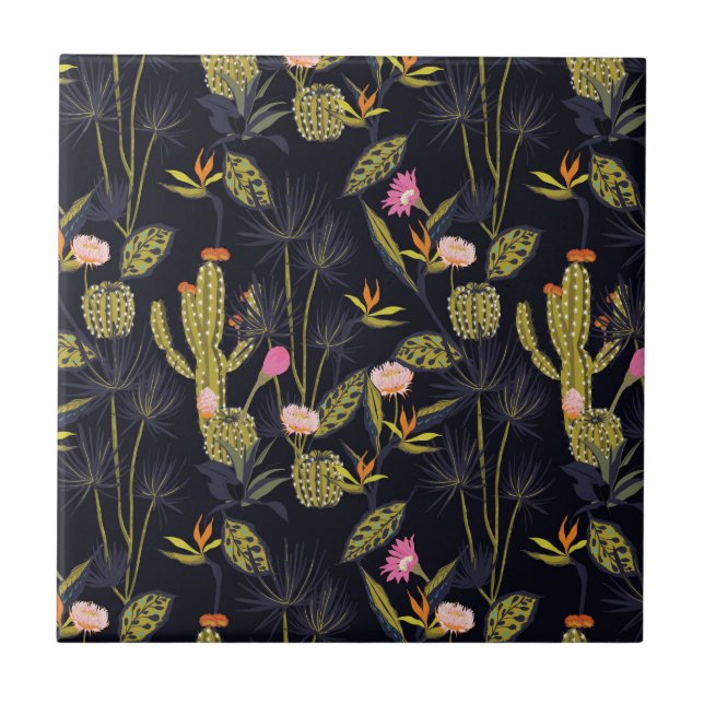 Dark Summer Night Cactus Pattern Ceramic Tile (Front)