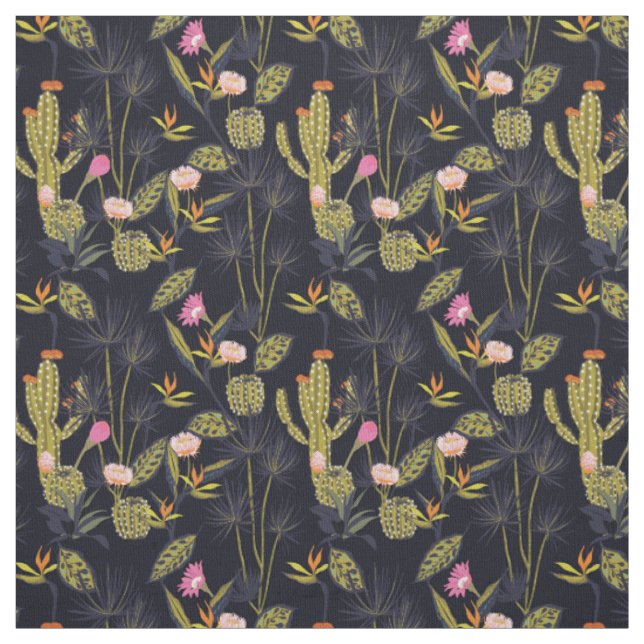 Dark Summer Night Cactus Pattern Fabric (Swatch)
