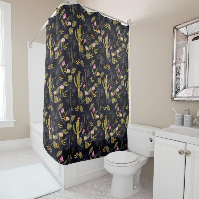 Dark Summer Night Cactus Pattern Shower Curtain (In Situ)