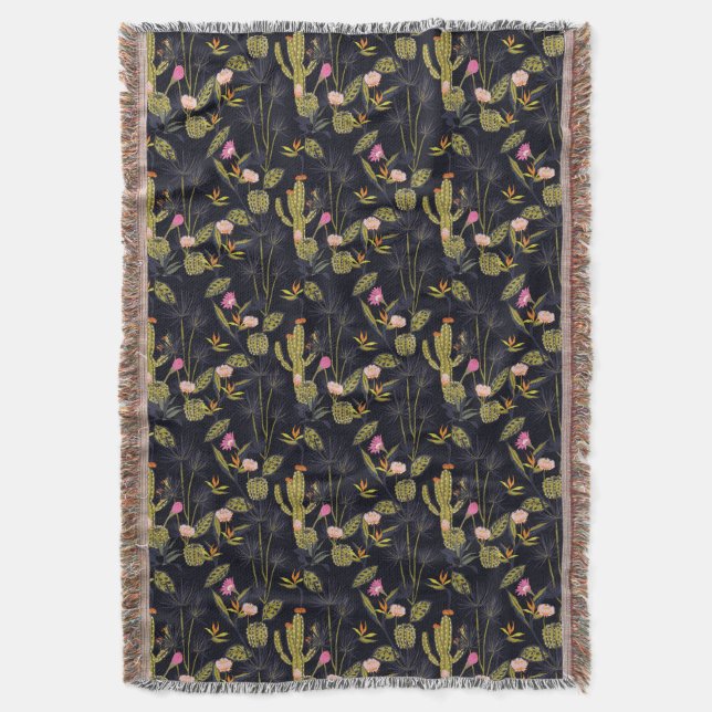 Dark Summer Night Cactus Pattern Throw Blanket (Front Vertical)