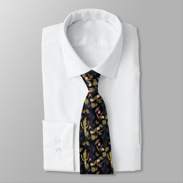 Dark Summer Night Cactus Pattern Tie (Tied)