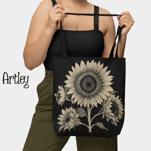 Dark sunflower shoulder tote, sunflower botanical tote bag