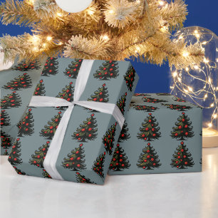 Dark Swirling Christmas Trees Red Ornaments Wrapping Paper